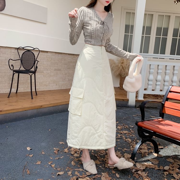 Quilted Midi A-Line Cargo Skirt