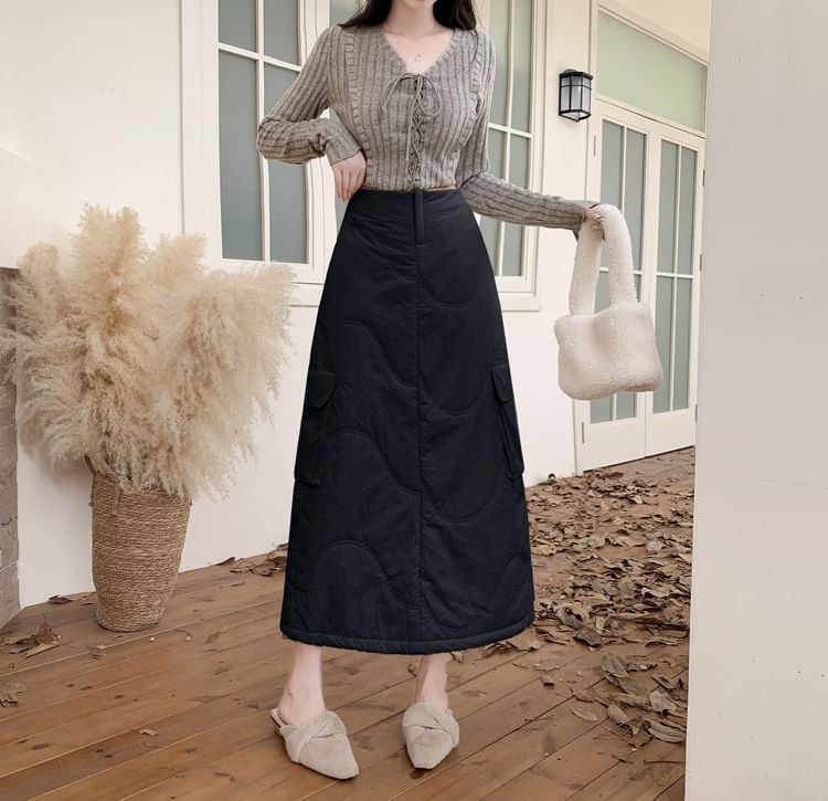 Quilted Midi A-Line Cargo Skirt