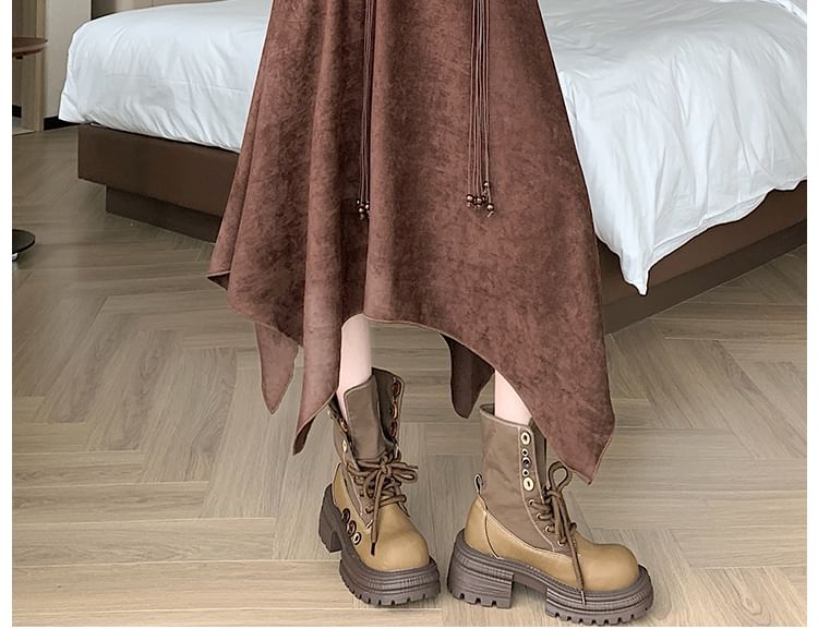 Asymmetrical Faux Suede Midi A-Line Skirt