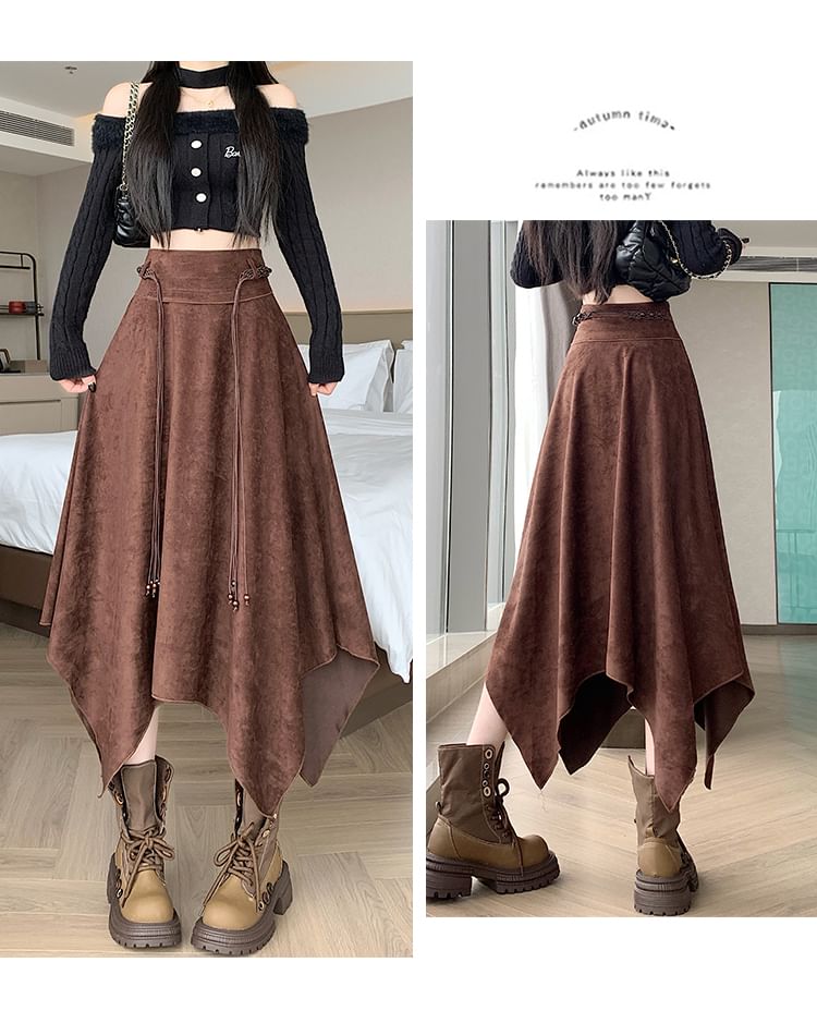 Asymmetrical Faux Suede Midi A-Line Skirt