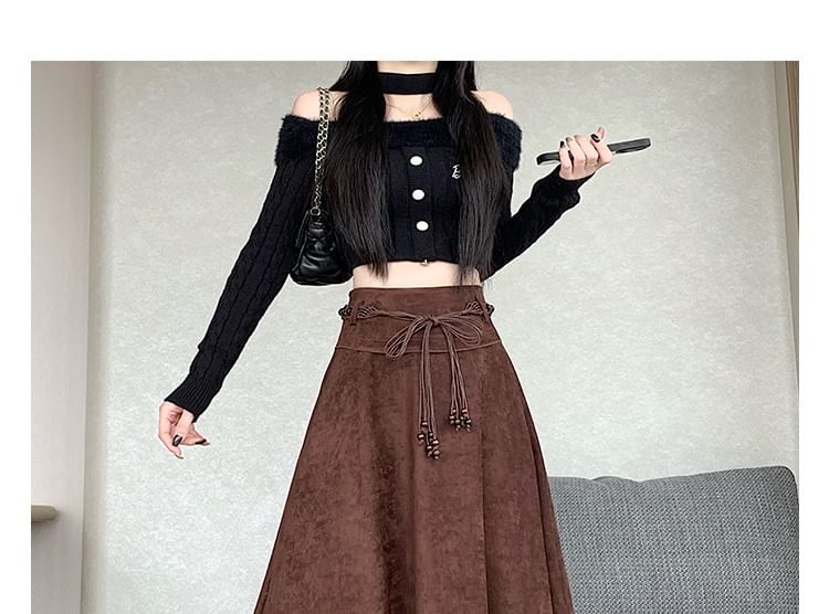 Asymmetrical Faux Suede Midi A-Line Skirt