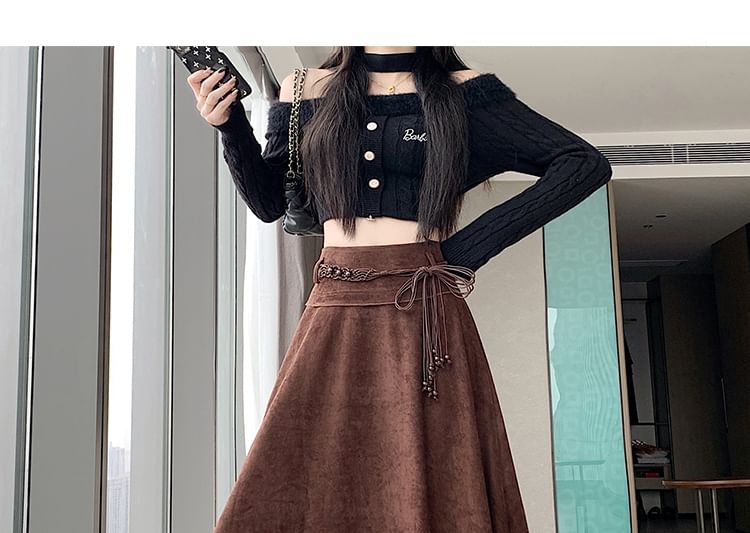 Asymmetrical Faux Suede Midi A-Line Skirt