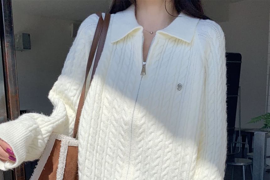 Collared Plain Cable Knit Zip Cardigan