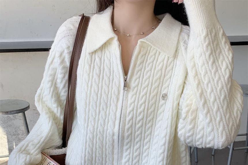 Collared Plain Cable Knit Zip Cardigan