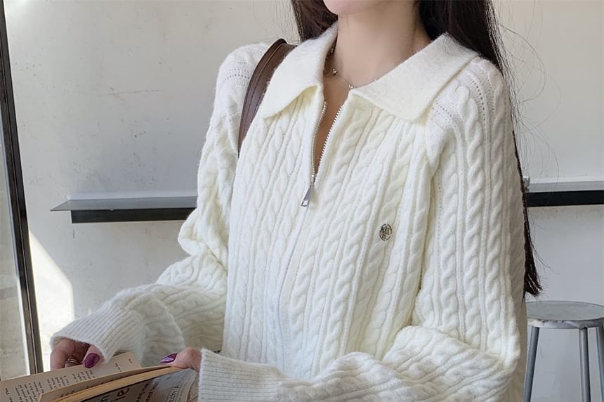Collared Plain Cable Knit Zip Cardigan