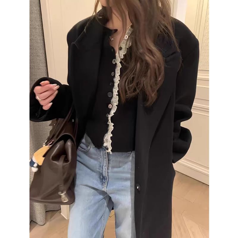 Crew Neck Frill Trim Button-Up Crop Cardigan