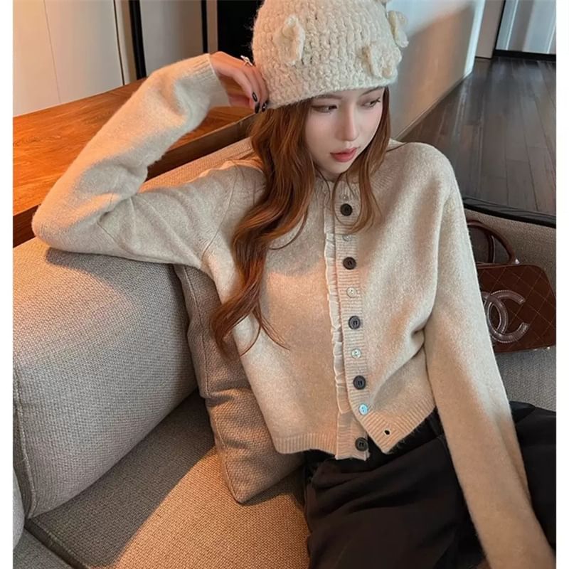 Crew Neck Frill Trim Button-Up Crop Cardigan
