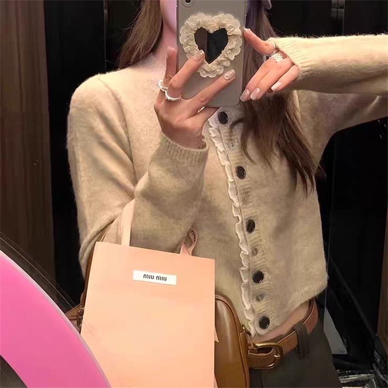Crew Neck Frill Trim Button-Up Crop Cardigan
