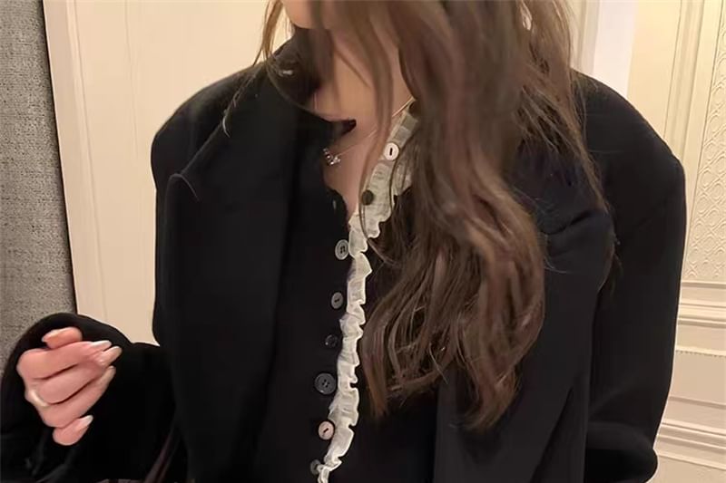 Crew Neck Frill Trim Button-Up Crop Cardigan