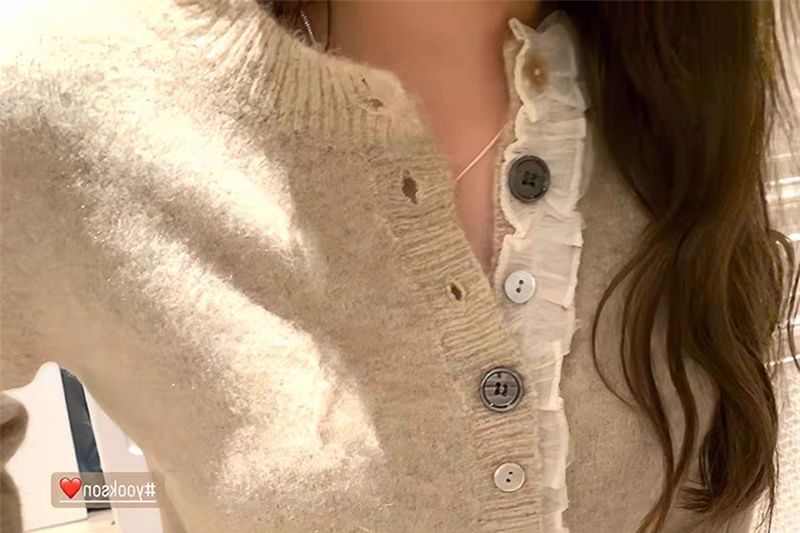 Crew Neck Frill Trim Button-Up Crop Cardigan
