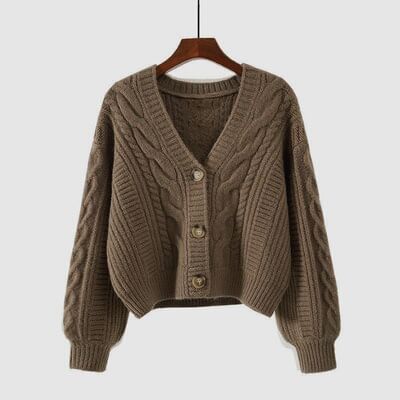 V-Neck Button-Up Plain Cable Knit Crop Cardigan