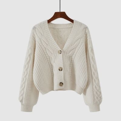 V-Neck Button-Up Plain Cable Knit Crop Cardigan