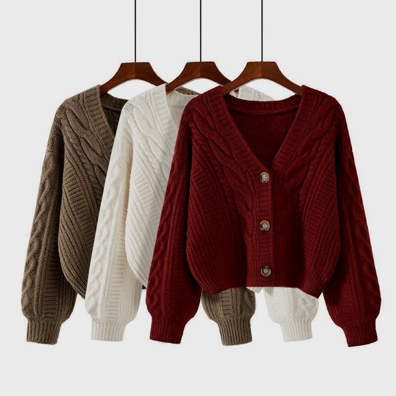 V-Neck Button-Up Plain Cable Knit Crop Cardigan