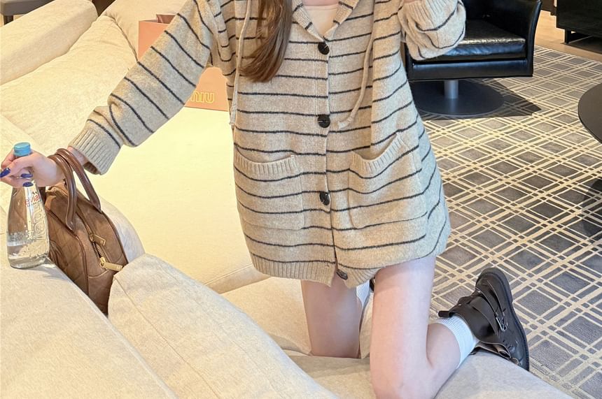 Striped Hooded Button-Up Cardigan