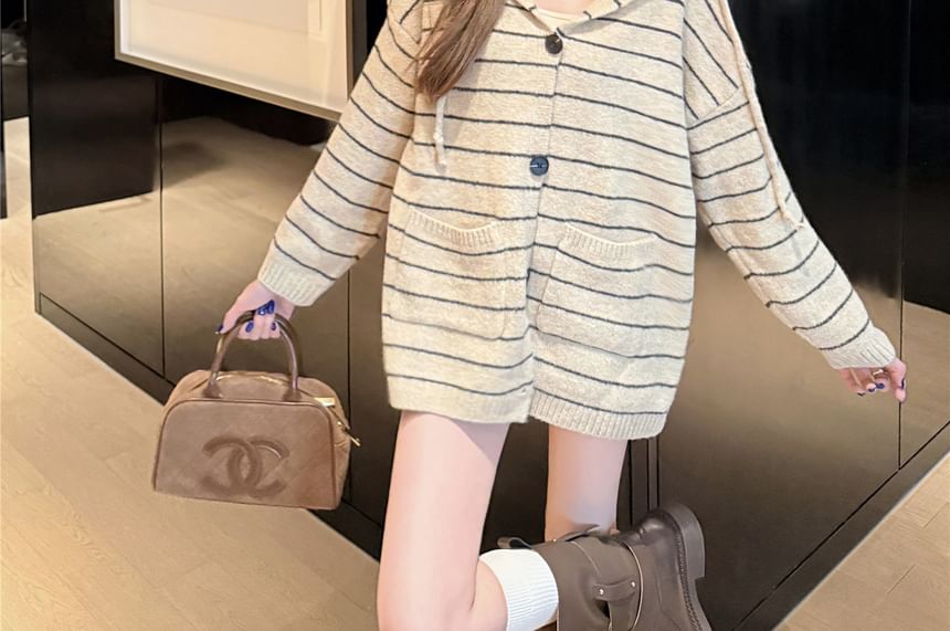 Striped Hooded Button-Up Cardigan