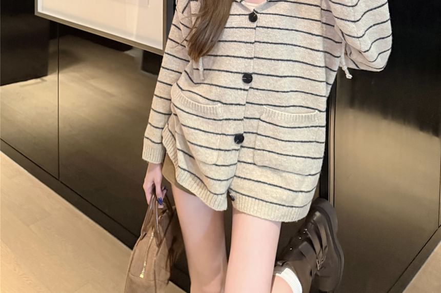 Striped Hooded Button-Up Cardigan