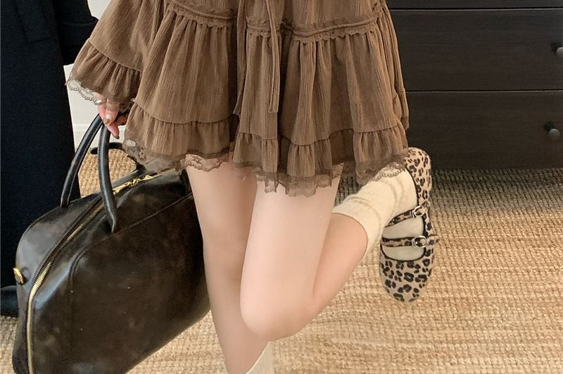 Drawstring Waist Plain Tiered Ruffle Trim Mini A-Line Skirt