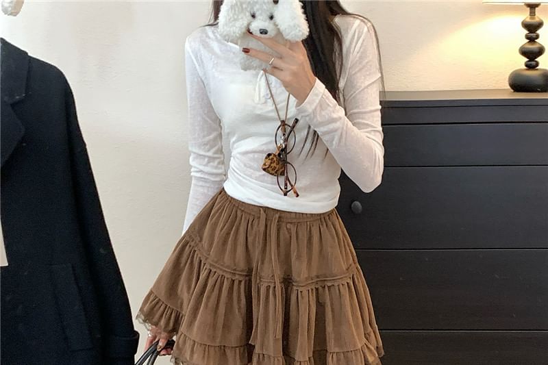 Drawstring Waist Plain Tiered Ruffle Trim Mini A-Line Skirt