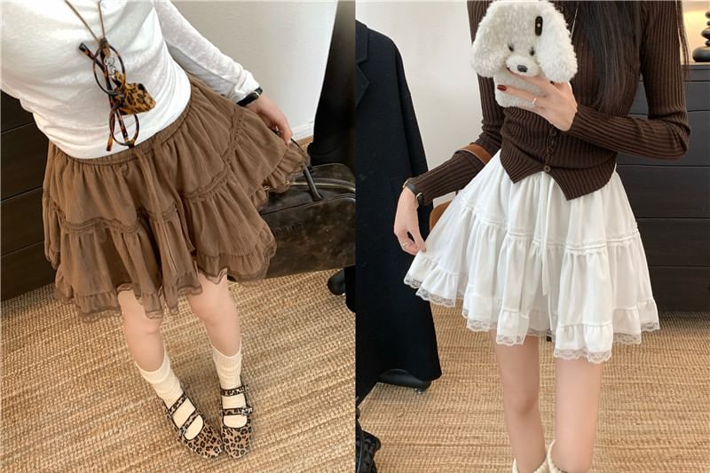 Drawstring Waist Plain Tiered Ruffle Trim Mini A-Line Skirt