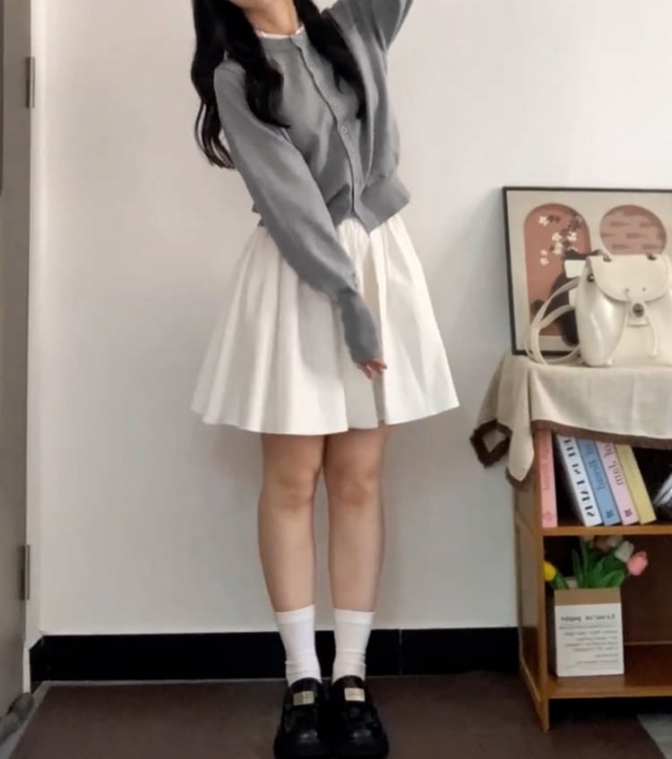 Button Up Cardigan & Mini Pleated Skirt Set