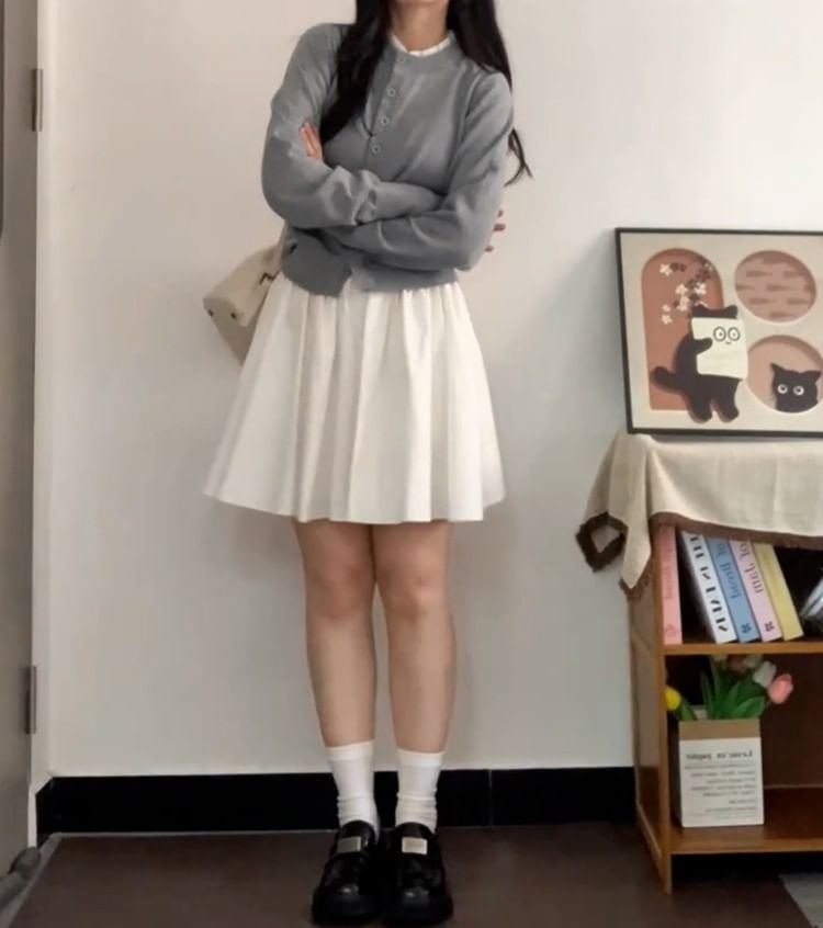 Button Up Cardigan & Mini Pleated Skirt Set