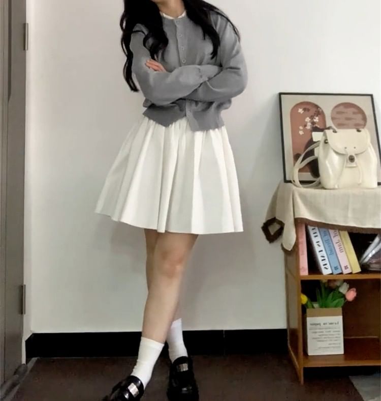 Button Up Cardigan & Mini Pleated Skirt Set