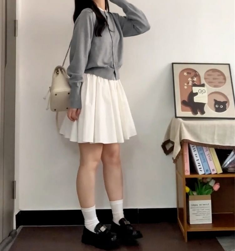 Button Up Cardigan & Mini Pleated Skirt Set