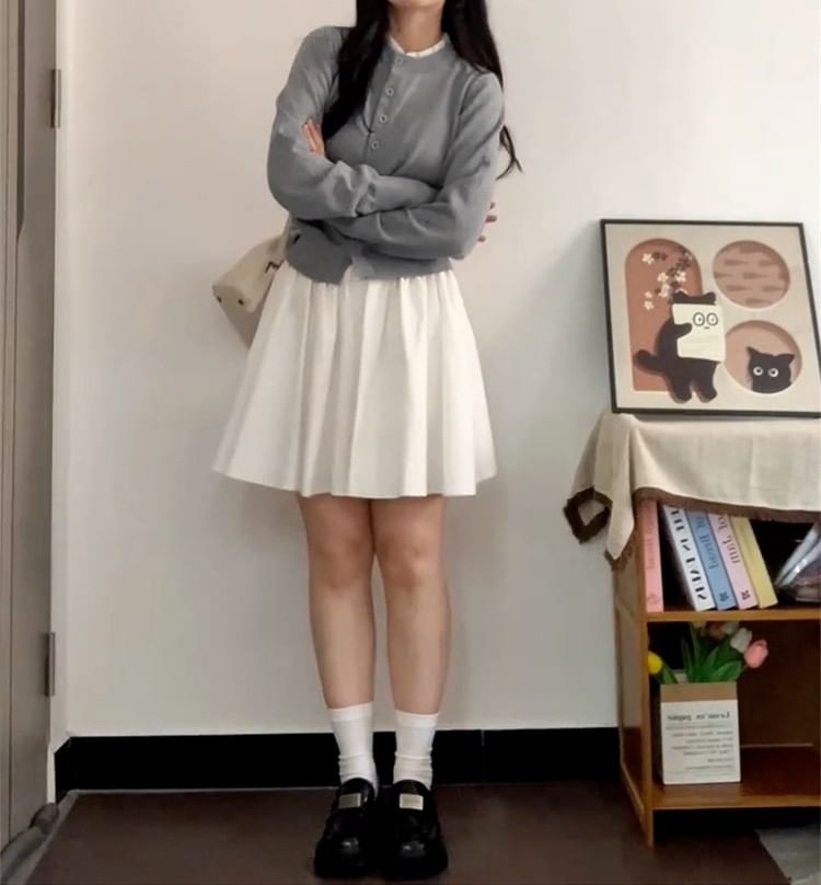 Button Up Cardigan & Mini Pleated Skirt Set