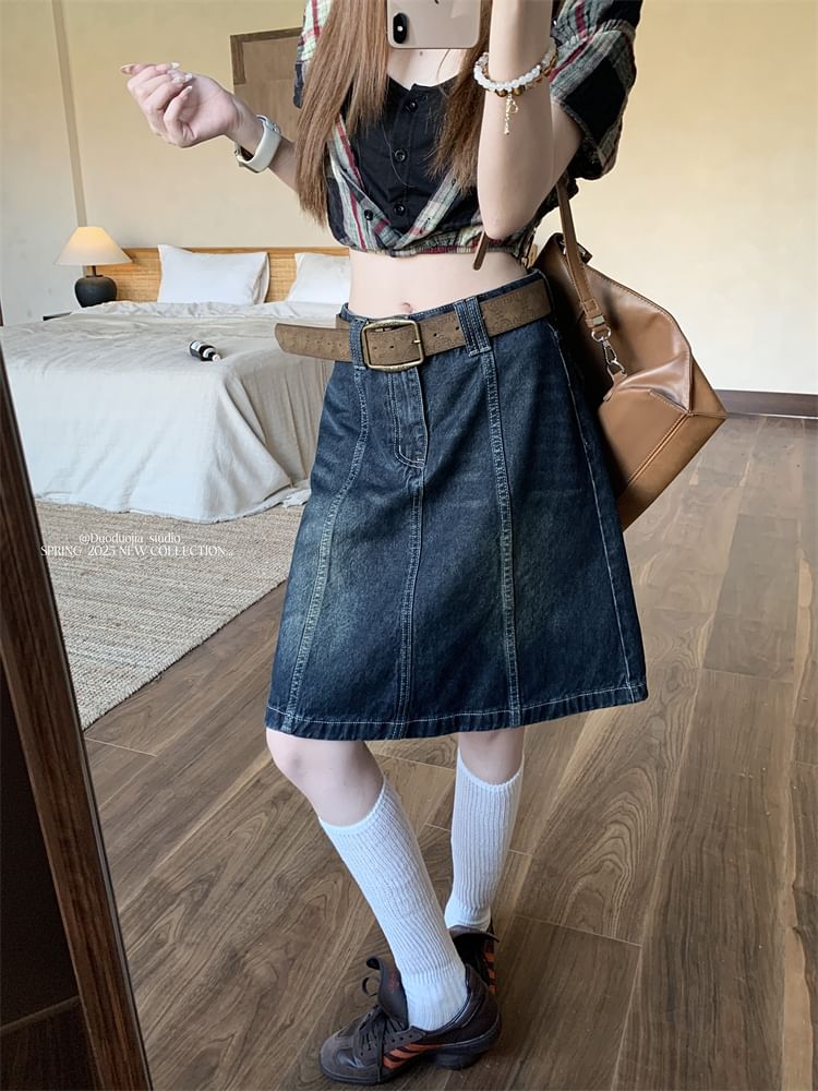 High Waist Denim A-Line Skirt