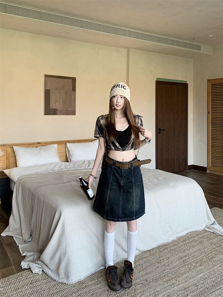 High Waist Denim A-Line Skirt