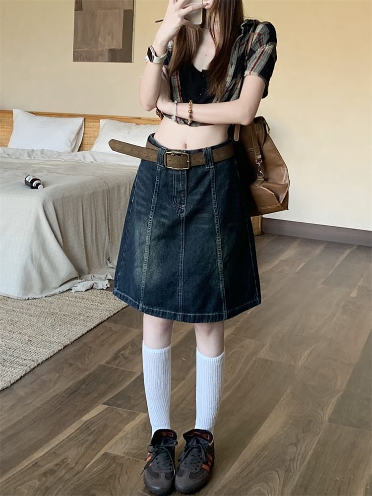 High Waist Denim A-Line Skirt