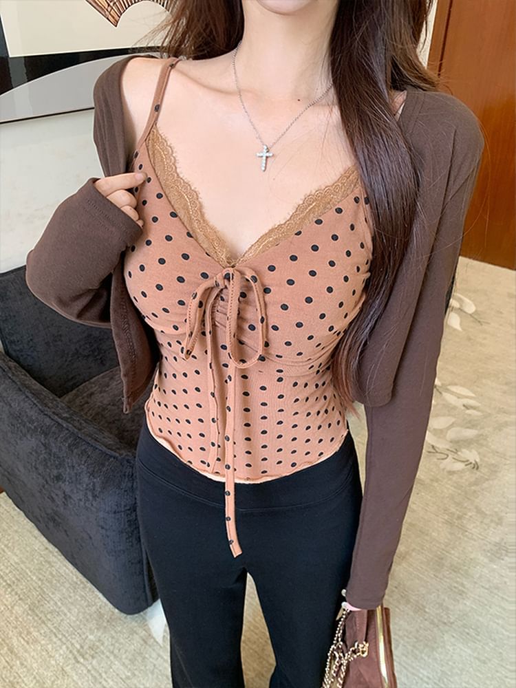 V-Neck Dotted Cami Top / Crop Cardigan