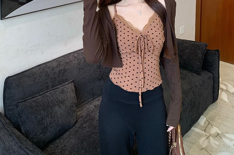 V-Neck Dotted Cami Top / Crop Cardigan