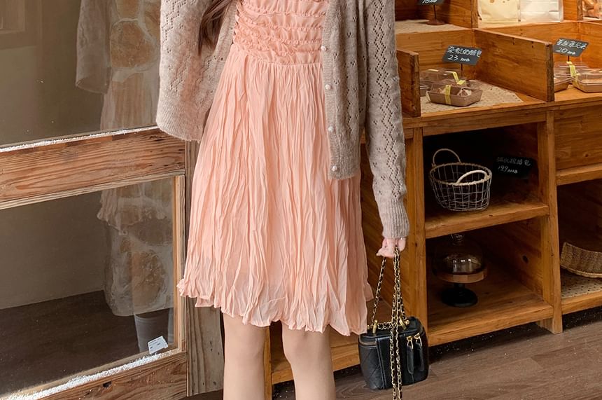 Plain Cardigan / Spaghetti Strap Sheer A-Line Dress