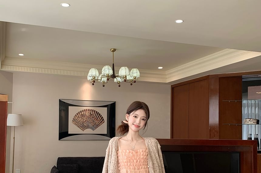 Plain Cardigan / Spaghetti Strap Sheer A-Line Dress