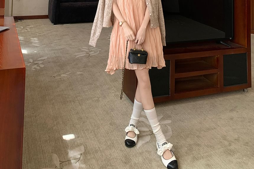 Plain Cardigan / Spaghetti Strap Sheer A-Line Dress