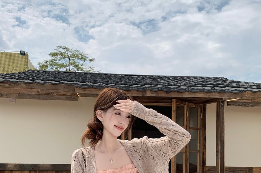Plain Cardigan / Spaghetti Strap Sheer A-Line Dress