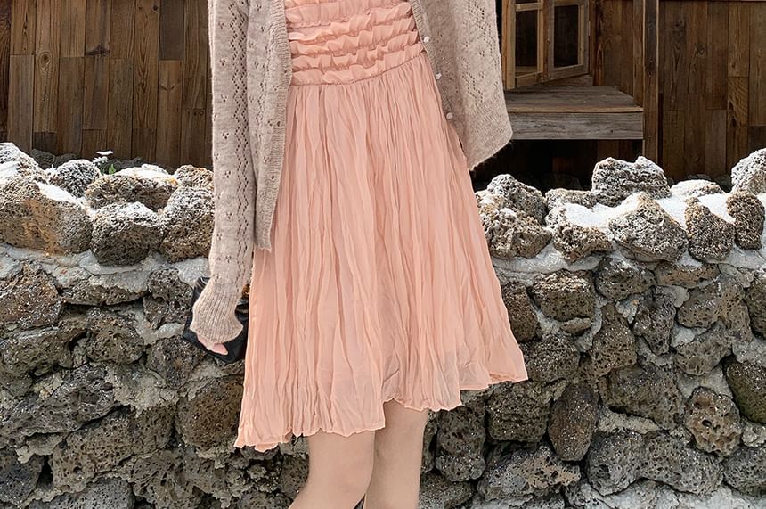 Plain Cardigan / Spaghetti Strap Sheer A-Line Dress