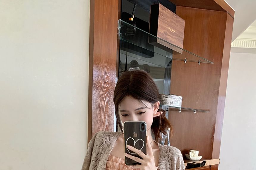 Plain Cardigan / Spaghetti Strap Sheer A-Line Dress