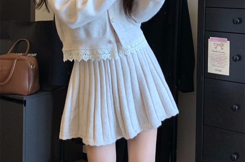 Set: Collared Button-Up Cardigan + Mini Pleated Skirt