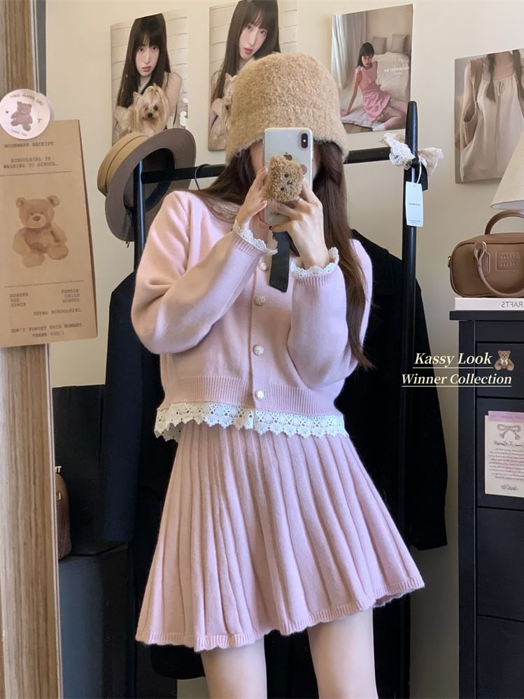 Set: Collared Button-Up Cardigan + Mini Pleated Skirt