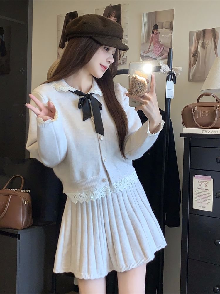 Set: Collared Button-Up Cardigan + Mini Pleated Skirt