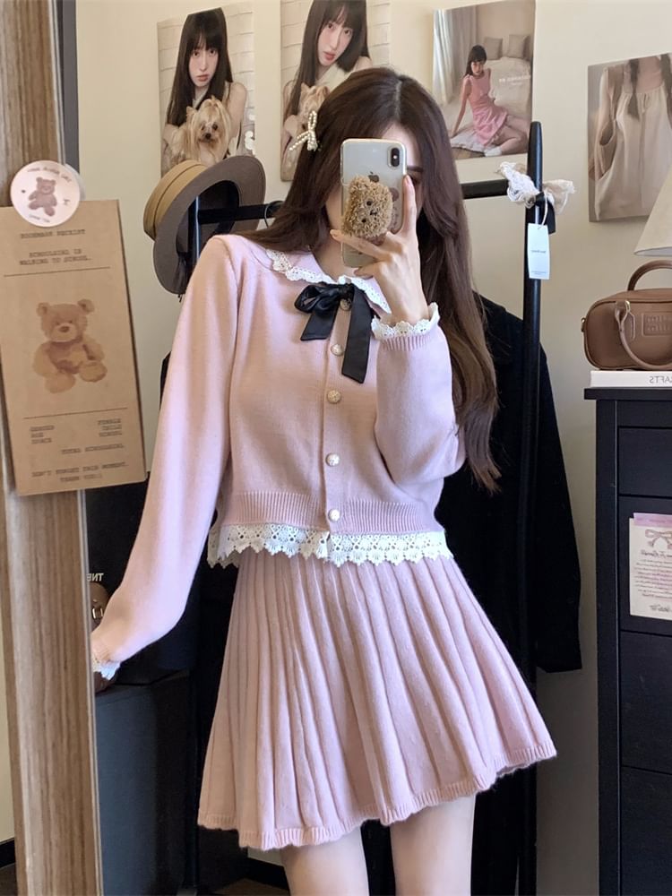 Set: Collared Button-Up Cardigan + Mini Pleated Skirt