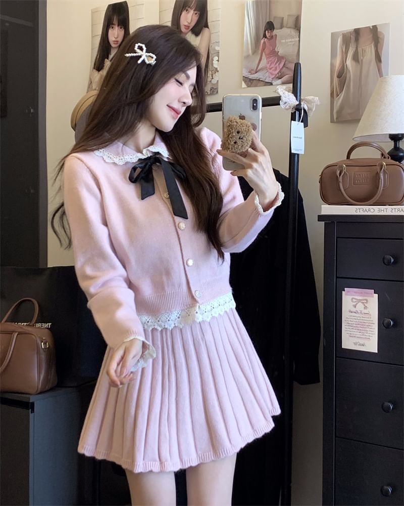 Set: Collared Button-Up Cardigan + Mini Pleated Skirt
