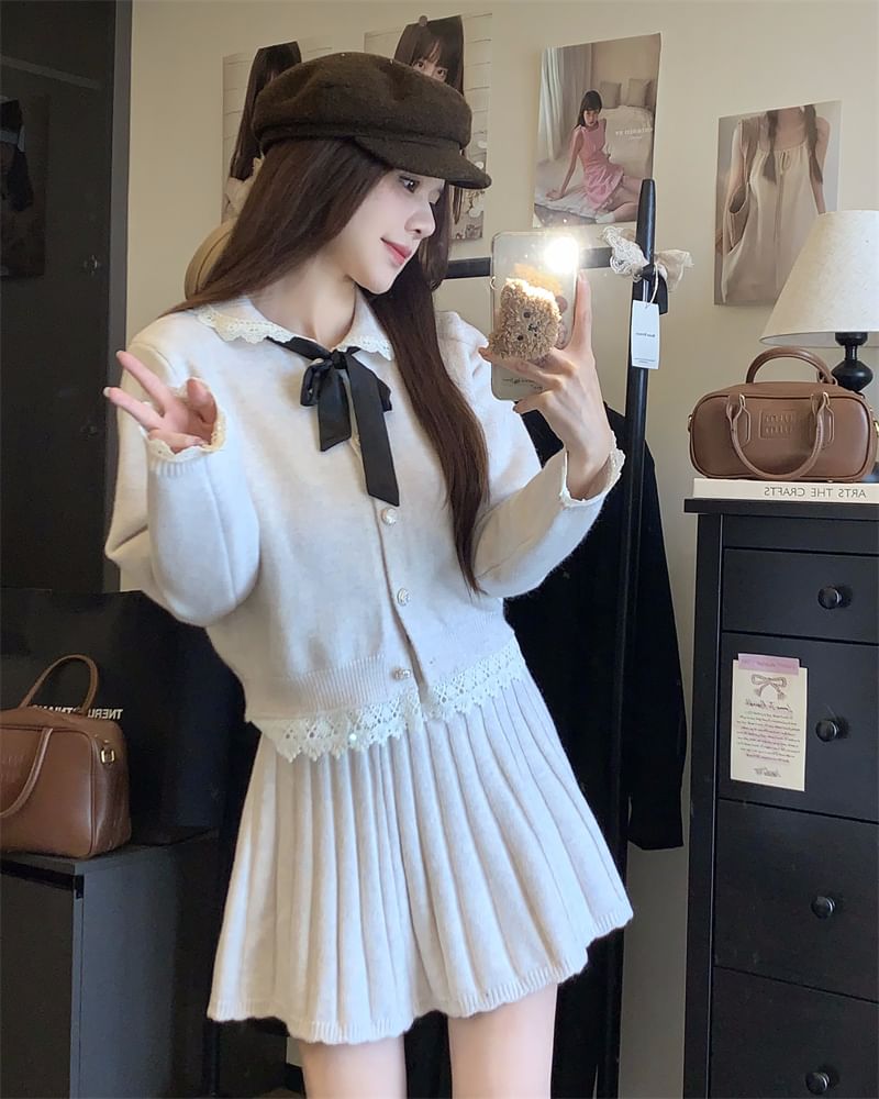 Set: Collared Button-Up Cardigan + Mini Pleated Skirt