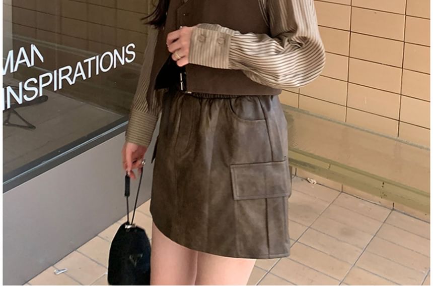 Long-Sleeve Collared Striped Shirt & V-Neck Button Vest with Faux Leather Mini A-Line Skirt Set