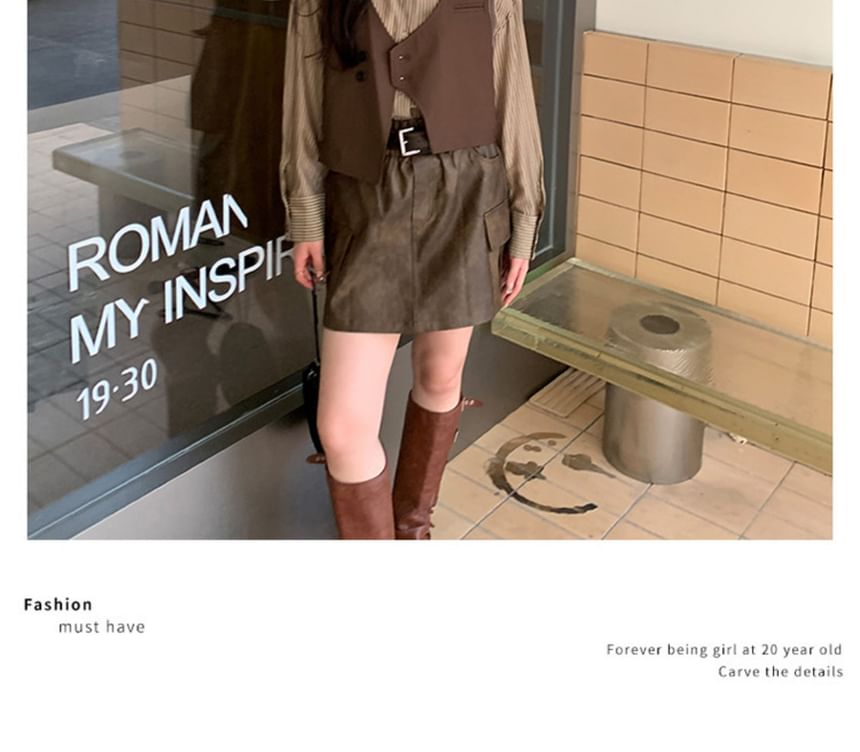 Long-Sleeve Collared Striped Shirt & V-Neck Button Vest with Faux Leather Mini A-Line Skirt Set