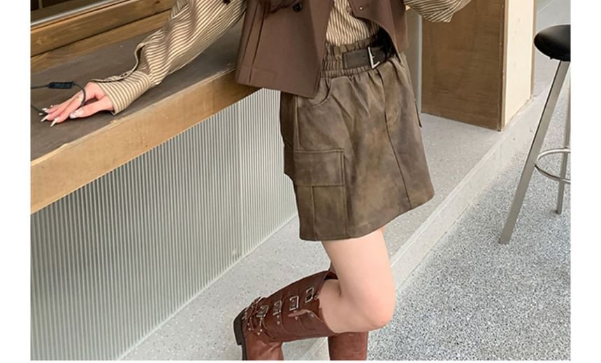 Long-Sleeve Collared Striped Shirt & V-Neck Button Vest with Faux Leather Mini A-Line Skirt Set
