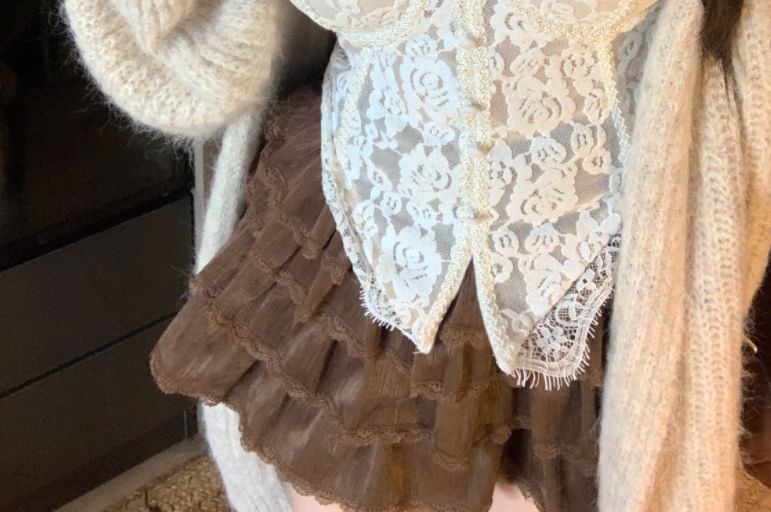 Plain Fluffy Trim Hooded Open Front Cardigan / V-Neck Lace Crop Camisole Top / High Waist Lace Trim Tiered Mini A-Line Skirt