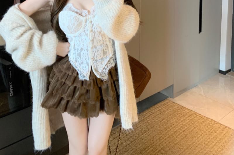 Plain Fluffy Trim Hooded Open Front Cardigan / V-Neck Lace Crop Camisole Top / High Waist Lace Trim Tiered Mini A-Line Skirt